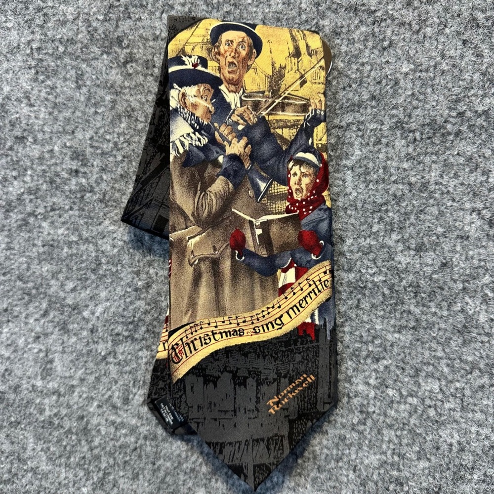Norman Rockwell Necktie Mens OS Black Christmas Sing Merrily Silk Holiday Art